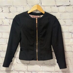 TED BAKER BLACK ZIPPER FRONT BOW DETAILED BLAZER CAREER BUSINESS ATTIRE SIZE 0